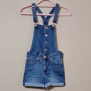 GUESS Jeans Denim Short Overalls Rose Gold Buttons Detailing, Size 24, 0/00, XS
